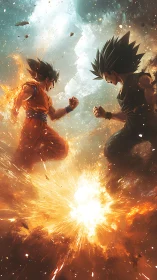 Two anime fighters converge above explosive energy blast.