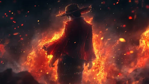 Backlit straw‑hatted figure in pyroclastic digital inferno.