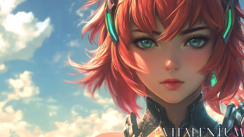 Cyborg heroine portrait with teal optics under daylight sky