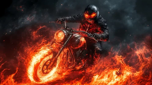 Flaming motorcycle rider storms through blazing inferno night.
