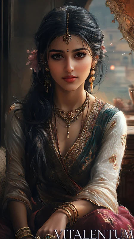 Digital portrait of seated woman in ornate traditional attire.