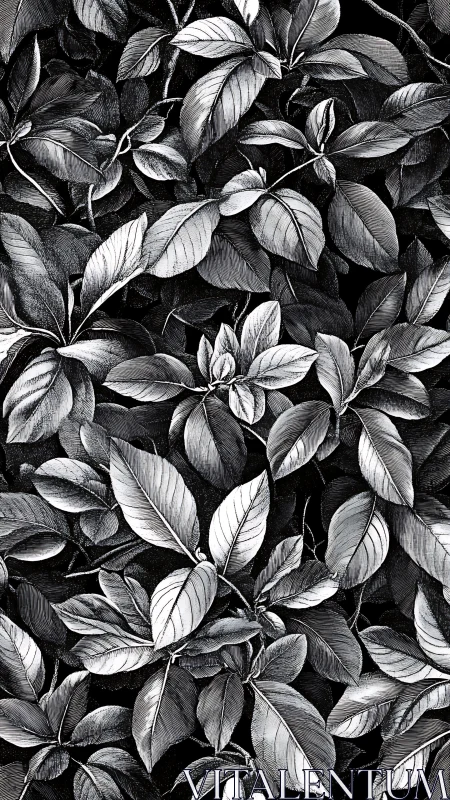 Monochrome botanical leaf pattern with dense foliage.