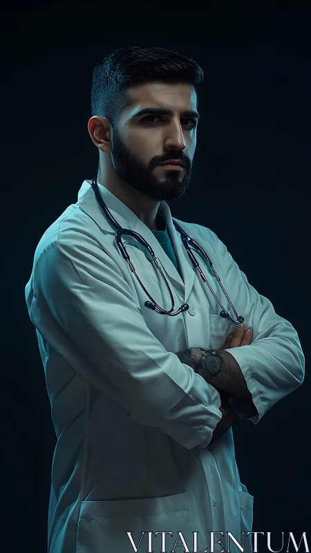 Serious male doctor in white coat with stethoscope portrait.