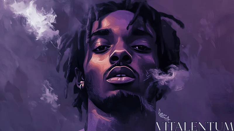 Moody purple portrait wrapped in drifting midnight smoke.