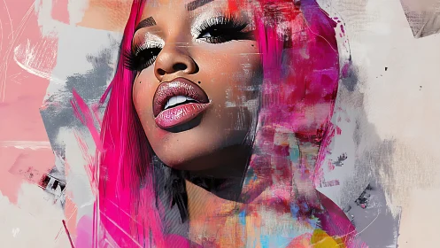 Neon siren rising through splashed pink digital glamour storm.