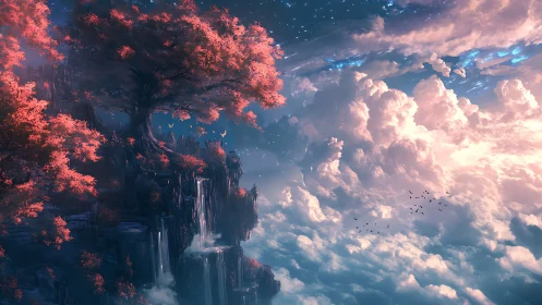 Dreamlit cliffside tree gazing over endless cotton clouds.