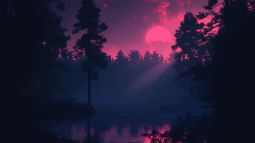 Pink sun over forest lake with silhouetted trees at dusk
