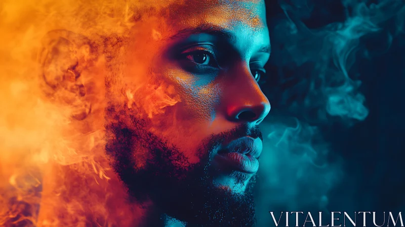 Calm portrait framed by swirling fire and cool blue smoke.