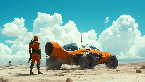 Futuristic rover and astronaut survey arid exoplanet plain