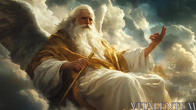 Majestic robed deity seated in glowing celestial clouds.