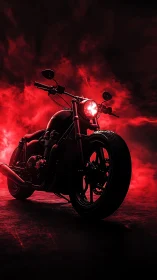 Custom black motorcycle stands against dense red smoke