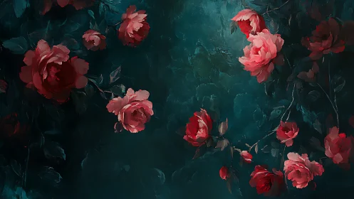 Crimson Blooms Waltz Through Midnight Garden.