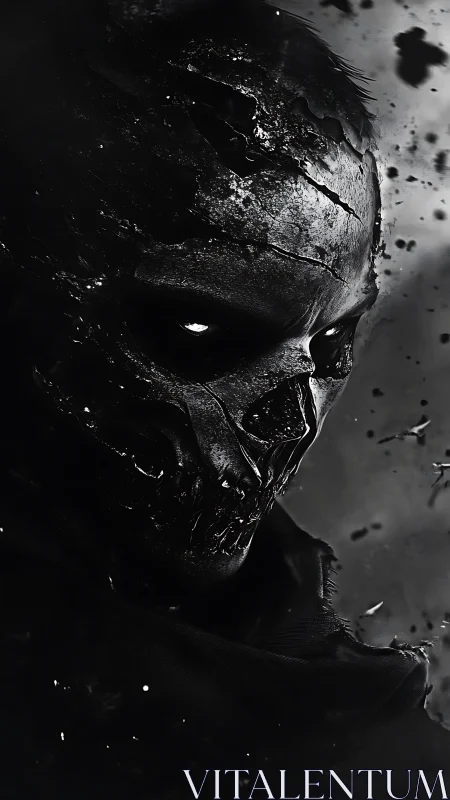 Charred skull wraith rendered in harsh monochrome shadow.