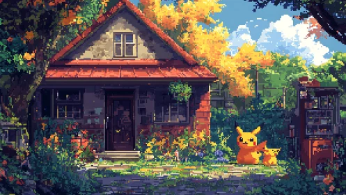 Pixel cottage exterior with garden and yellow creatures.