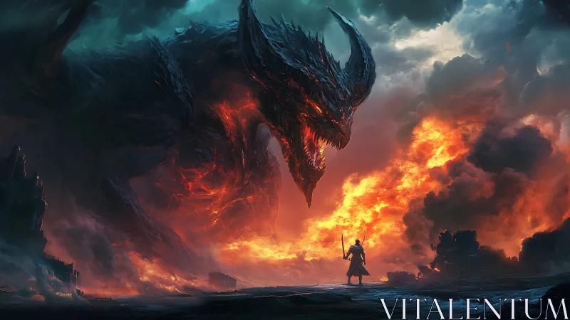 Blazing titan bends toward lone warrior in storm-torn ruin