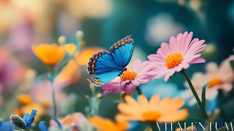 Blue butterfly on pink daisy in soft blurred flower field.