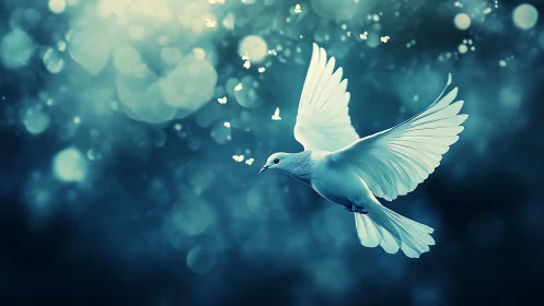 White dove in flight with glowing bokeh background, ethereal style.