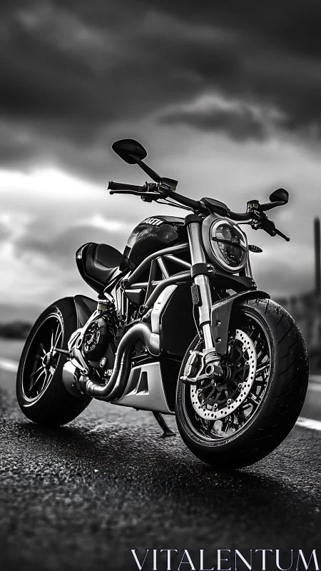 Black sport motorcycle on wet road under overcast sky.