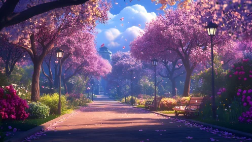 Spring garden promenade under luminous cherry blossoms.