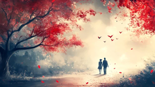 Couple beneath crimson blooms under soft, ethereal light
