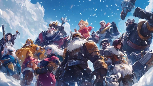 Frozen frontier heroes stand united beneath a bright winter sky
