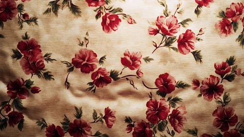 Vintage crimson floral print on softly lit fabric surface.