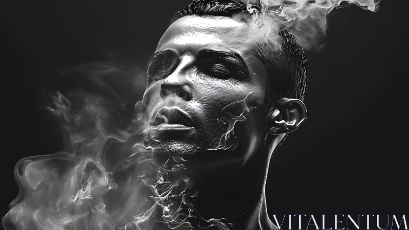 Monochrome male portrait with textured skin and smoke flow.