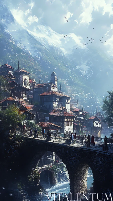 Mountain village bridge overlooks rushing alpine river.