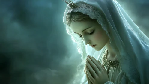 Serene veiled Madonna profile with luminous teal haze.