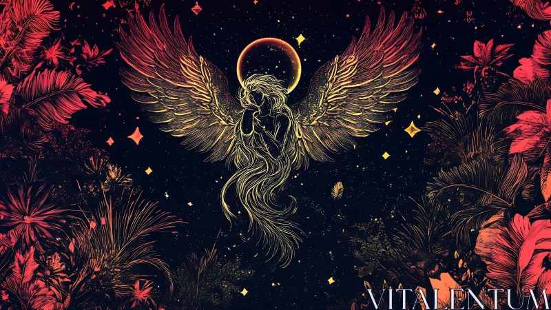 Winged female figure suspended before haloed celestial disc.