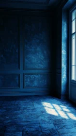 Blue light spills into a quiet, textured empty room.
