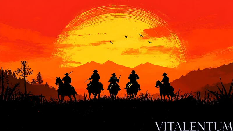 Silhouetted riders move across prairie against red sunset