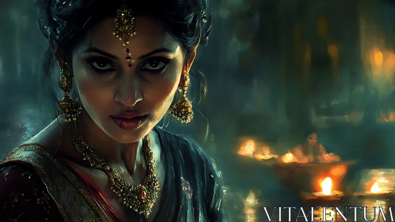 Woman in traditional jewelry by river with floating lamps.