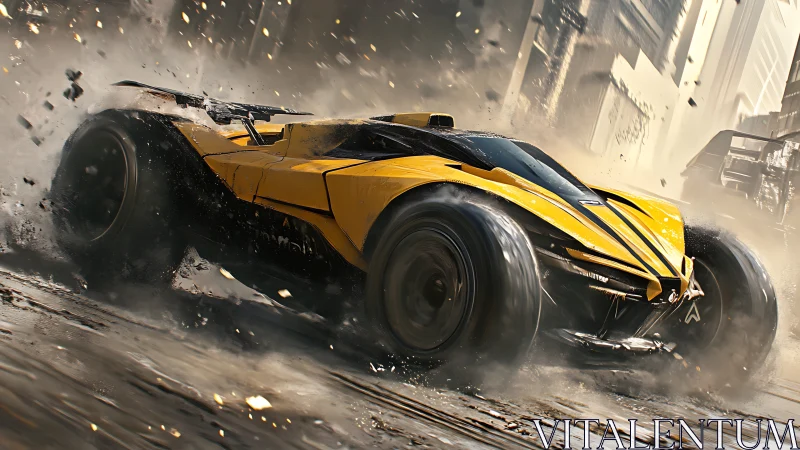 Futuristic yellow race car drifting through urban dust storm.