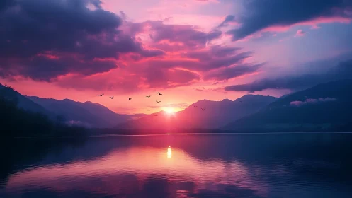 Sunset over calm lake with silhouetted distant mountains.