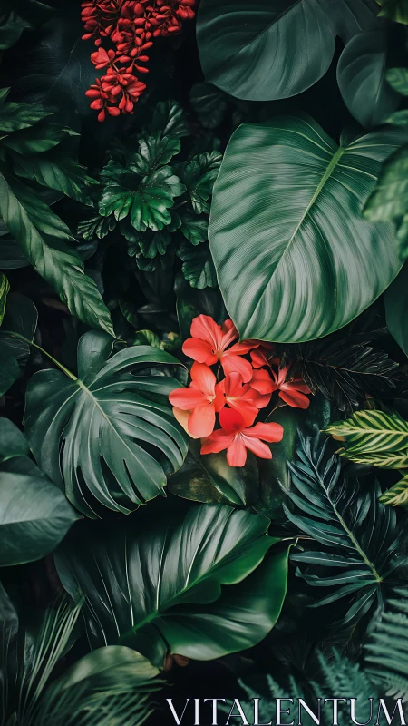 Photorealistic tropical foliage with central scarlet blooms.