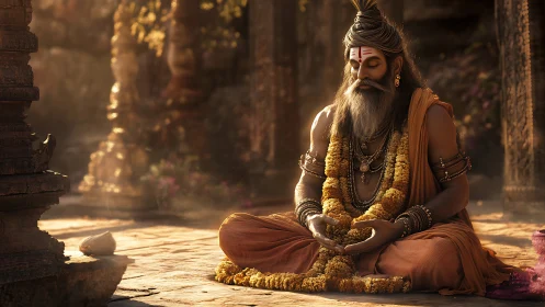 Meditating sage in golden-hour temple courtyard, garlanded, serene