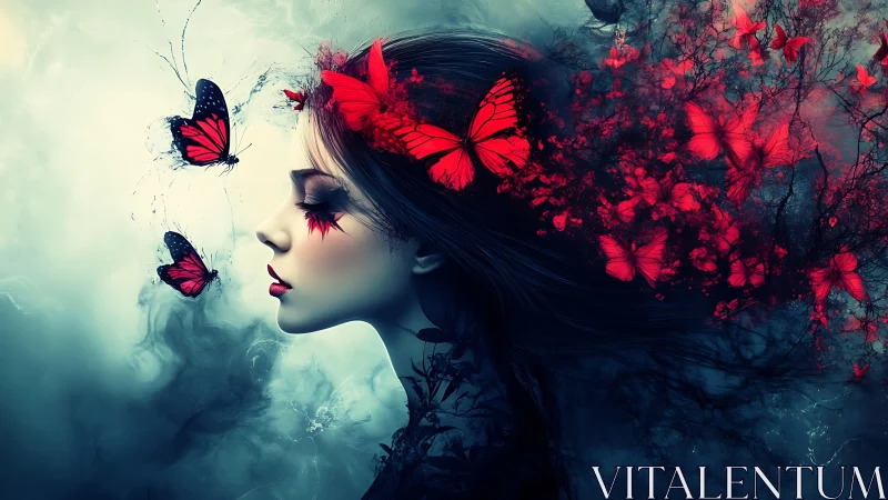 Dreamy woman and crimson butterflies in a misty twilight realm.