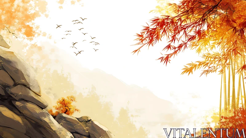 Autumn mountain slope and bamboo grove rendered in warm ink wash