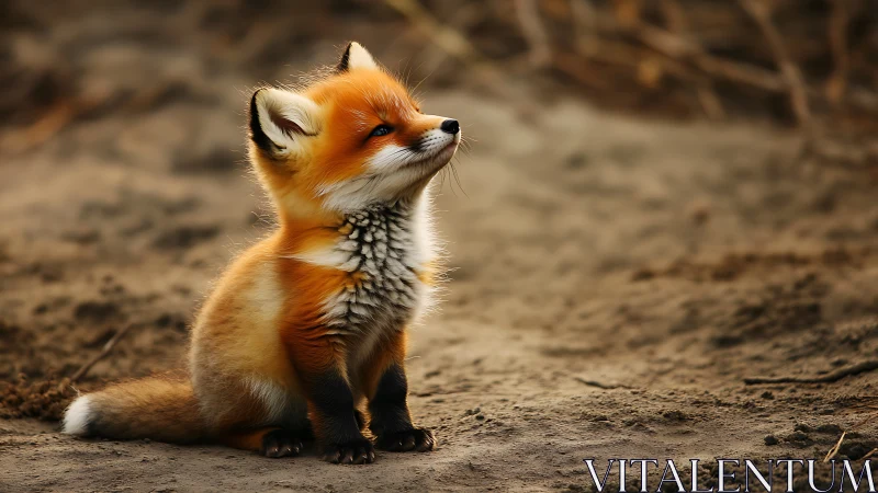 Red fox kit sits on sandy ground and looks upward