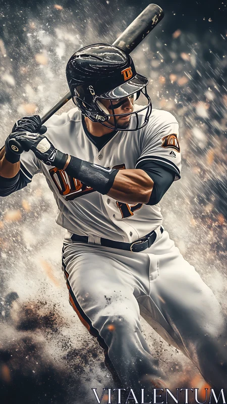 Baseball batter in white uniform swinging amid debris field.