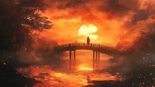Lone wanderer crosses emberlit bridge beneath blazing sun.