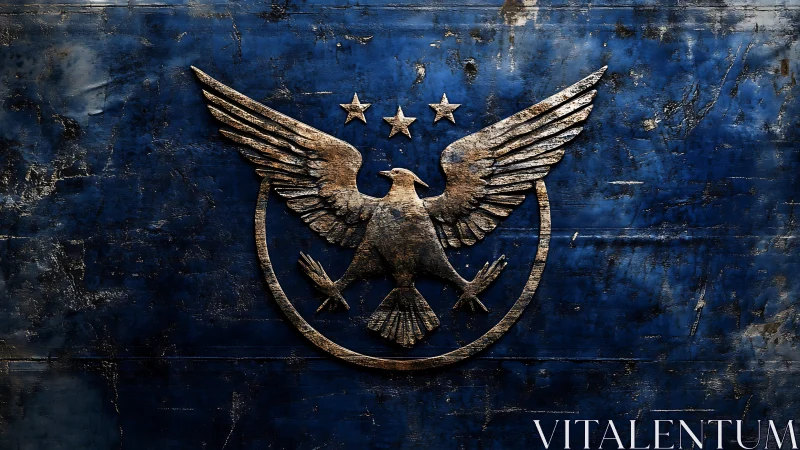 Weathered bronze eagle crest on storm-brushed indigo steel.