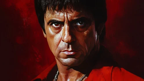 Brooding tough-gaze portrait in blood-red shadows study.