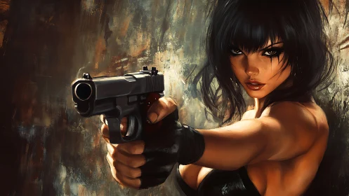 Digital portrait of armed woman aiming handgun forward.