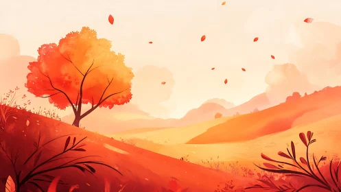 Autumn hillside landscape uses warm gradient palette and stylized foliage