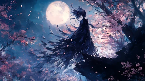 Silhouetted robed figure on cliff under full moonlit sky.