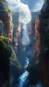 Sunlit canyon river winding through misty red cliffs.