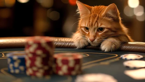 Ginger Cat Eyes the Poker Game with Curious Intent.