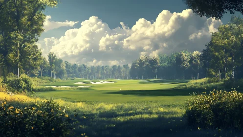 Sunlit forest golf fairway under towering summer clouds.